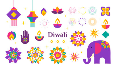 Diwali element set in trendy geometric style with diya lamp, mandala, lanterns, fireworks and elephant. Indian festival of lights. Vector template for greeting card, poster, banner, holiday decor
