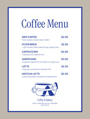 Elegant coffee menu template. Matisse style food and beverage illustrations.