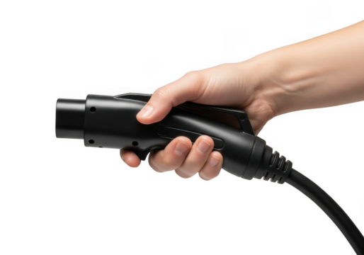 Hand holding electric vehicle charger isolated on transparent background