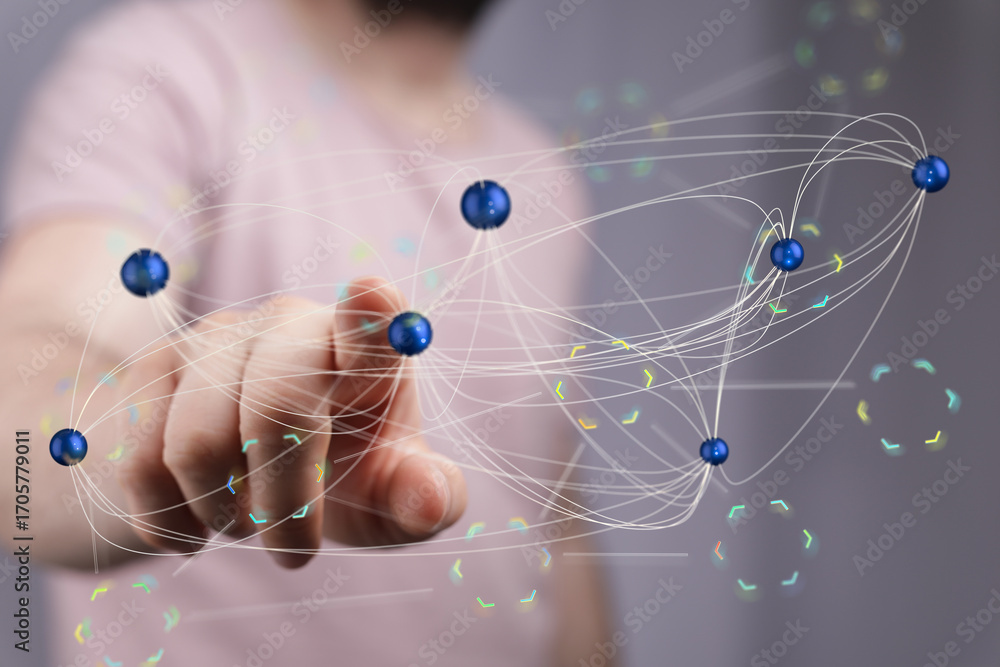 Poster hand interacting with a digital network, illustrating global connectivity and data flow.