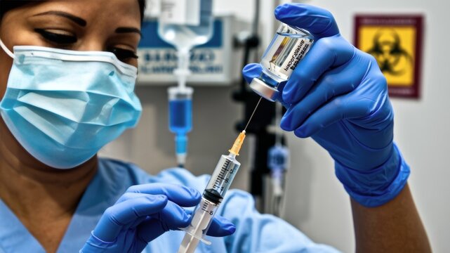 Healthcare Worker Drawing Medicine into Syringe in Clinical Setting - Powered by Adobe