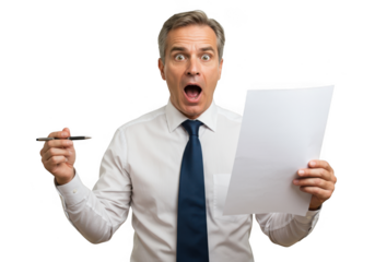 Shocked businessman holding paper and pen isolated on transparent background