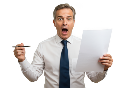 Shocked businessman holding paper and pen isolated on transparent background