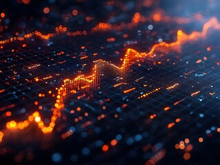 Dynamic glowing orange chart on a digital grid symbolizing data flow financial progress and technological advancement