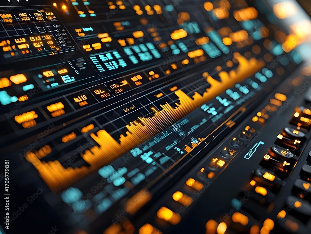Aufkleber futuristic digital interface with glowing orange and cyan data visualizations and graphs