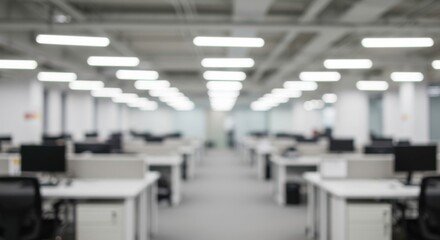 Blurred office interior with rows of desks and computer screens showcasing modern workspace design
