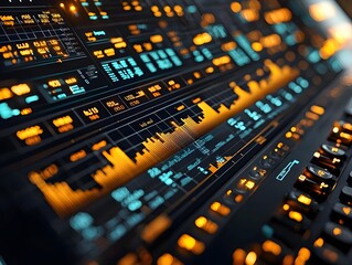 Futuristic digital interface with glowing orange and cyan data visualizations and graphs
