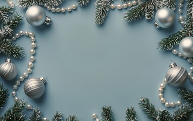 Winter Holiday Decoration With Silver Ornaments and Pine Branches on Blue Background.