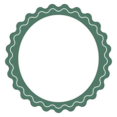 A stylized, minimalist circular frame with a thick, solid dark green outer border that has a wavy, scalloped edge. Inside, a thin, wavy white line runs parallel to the outer edge