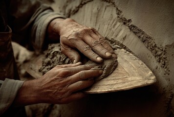 Textured close-up of weathered hands smoothing dark gray stucco on a surface with a trowel, emphasizing craftsmanship and material