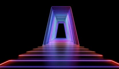 An abstract perspective shows a neon gradient tunnel leading to a distant black void with glowing stairs and polygonal shapes