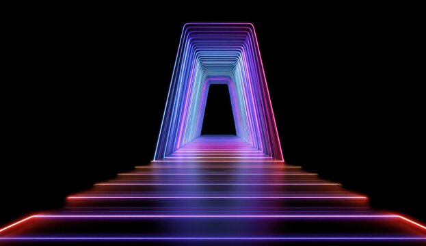 An abstract perspective shows a neon gradient tunnel leading to a distant black void with glowing stairs and polygonal shapes - Powered by Adobe