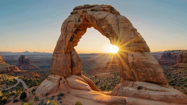 Majestic delicate arch in arches national park utah glows at sunrise with the sunburst shining through the natural sandstone arch formation in the desert landscape