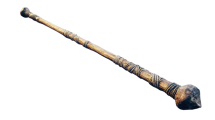 Traditional wooden club with wrapped handle and stone head, isolated on white background showcasing ancient craftsmanship and cultural significance