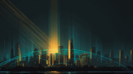  Sunshine in the Smart digital Innovation city with connection network reciprocity over the cityscape. of future smart wireless digital city and social media networking systems that connects people