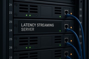 Low Latency Streaming Server Rack with Network Cables and Indicator Lights