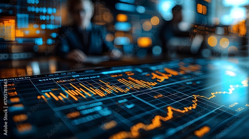 Poster digital financial charts and graphs on a screen with blurred professionals representing data analysi