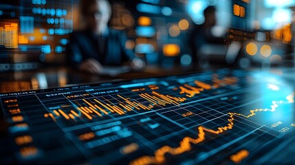 Digital financial charts and graphs on a screen with blurred professionals representing data analysis and business strategy