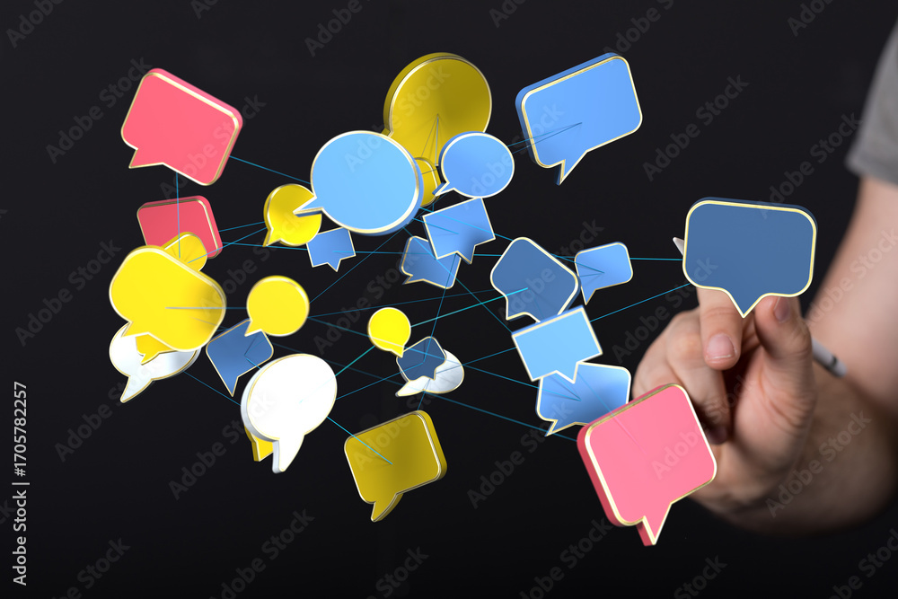 Poster abstract image of interconnected speech bubbles, symbolizing global communication and networking.