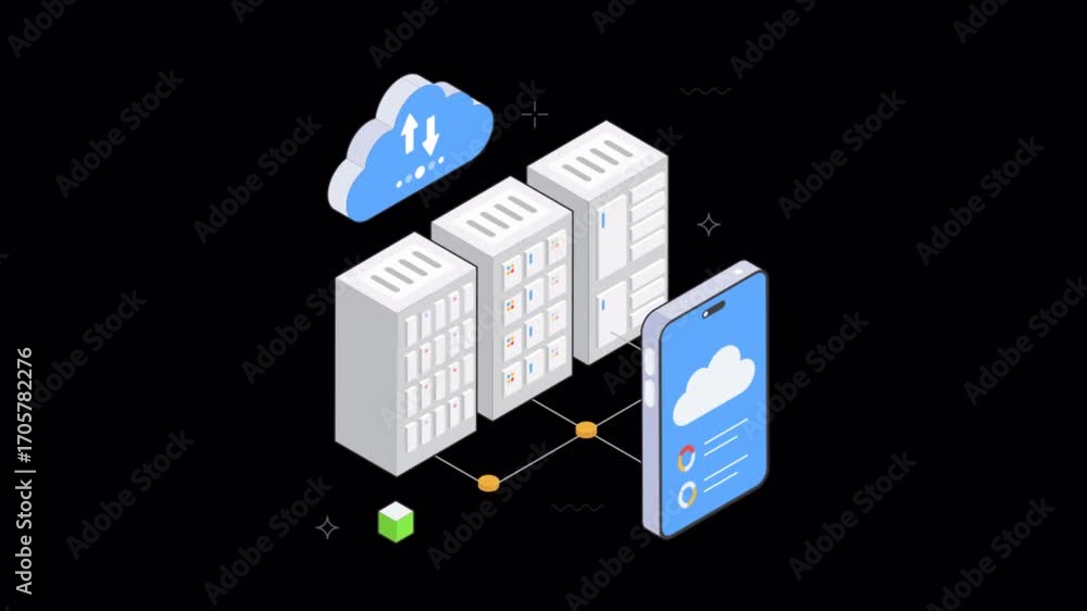 Poster cloud team management with data centers isometric animation alpha channel