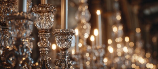 Ornate crystal candelabras with warm candlelight glow, detailed close-up showcasing intricate craftsmanship in a grand hall setting, blurred background suggesting many similar pieces
