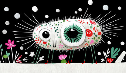 A cute, fluffy microbe with big eyes stands in this colorful cartoon. This tiny, silly creature is a funny, friendly monster from a microscopic world. AI-generated illustration
