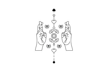 Mystical Hand Line Art with Stars and Spiritual Symbols