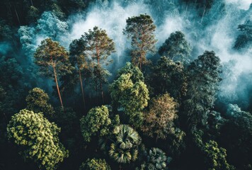 Overhead aerial view of vibrant green trees rising through a mysterious mist-shrouded forest canopy, bathed in muted lighting