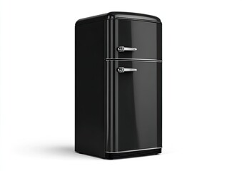 Retro black refrigerator, isolated.  Glossy, vintage-style appliance with two doors.  Simple, rounded design, chrome handles.  Perfect for kitchen decor