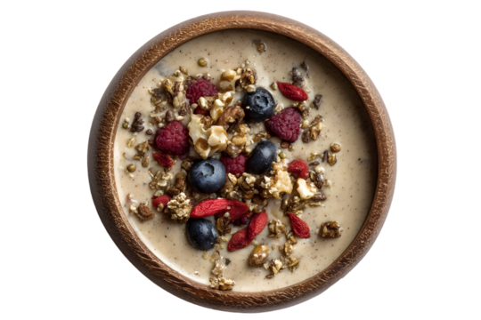 Wholesome Bowl: An eye-level, appetizing shot of a smoothie bowl with granola, fresh fruit, and a creamy base, providing a visual feast that entices the viewer.