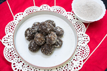 Kuttu ke aate ka laddu that is buckwheat flour energy balls coated with desiccated coconut mostly consume during navratri vrat, fast or upwas days