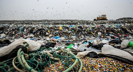 Massive Landfill with Plastic Waste and Heavy Machinery.