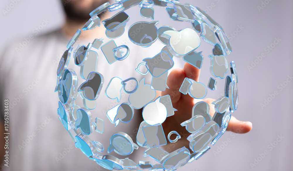Poster abstract image of a person interacting with a sphere of communication icons.