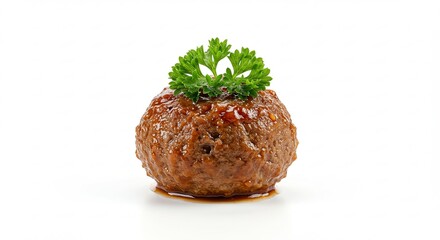 Savory Brown Meatball with Green Parsley Garnish on White Background