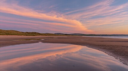 Fototapeta premium sand. A breathtaking tropical beach sunset with vibrant clouds and golden reflections on the wet sand. inspiring travel planning, travel magazines, designed for outdoor magazines and nature guides.