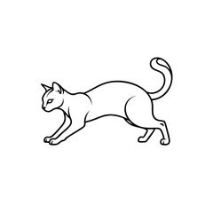 Minimalist black outline drawing of a sleek feline in a crouching stalking pose.