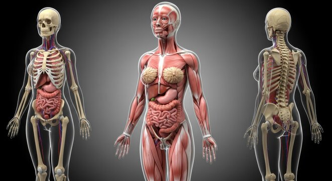 Female anatomy exploration showcasing skeletal muscular and internal organ systems in detail