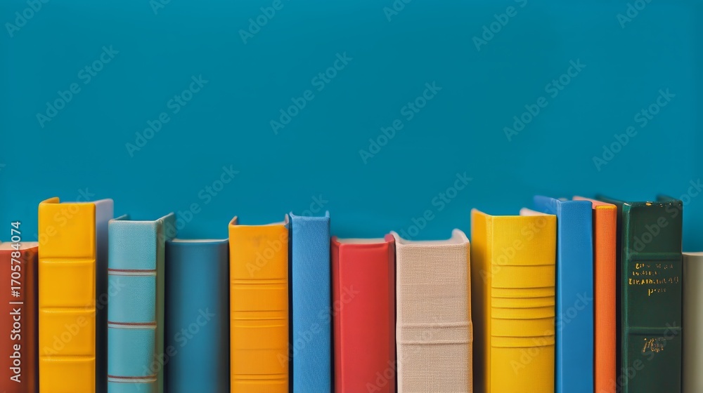 Poster colorful array of books lined up against vibrant blue backdrop in a playful display of literature.