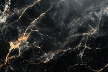 Elegant Ebony Veins: An alluring macro shot of a polished, black marble surface, adorned with striking golden veins that create a luxurious and timeless aesthetic. 