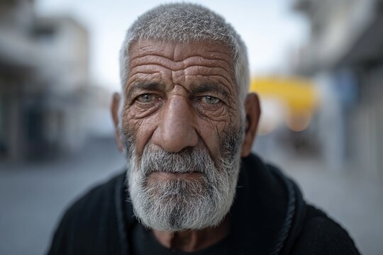 A portrait of an elderly person who is looking directly at the camera, his face covered in wrinkles, with a calm and thoughtful expression that reflects wisdom and experience.