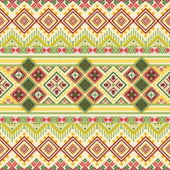 Colorful Folk Geometric Seamless Pattern with Red Green Yellow Diamond Motifs Tribal Aztec Pattern Navajo Ethnic for fabric Seamless Textile, Vector decoration fashion, Rug.