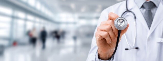 Doctor holds stethoscope toward camera in a blurred office building with people walking. Medical concept with focus on device