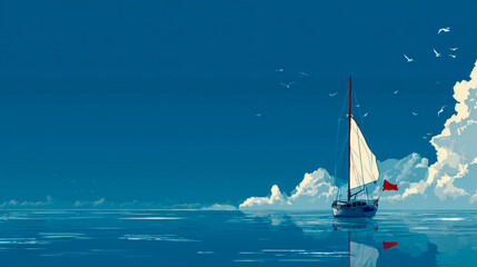 Sailing yacht with a white sail on the flat sea, vector illustration background