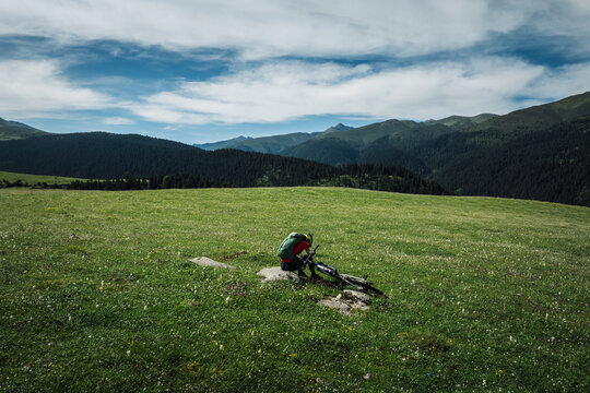 Aerial view of woman riding mountain bike on flowering grassland mountain trail - Powered by Adobe