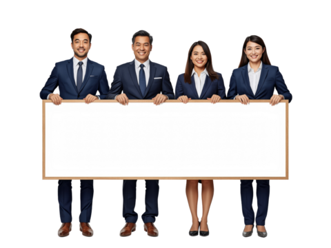 Smiling team of professionals holding a blank sign ready for your message with transparent