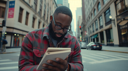 Urban Journalist Capturing Truth with Notepad and Microphone, Realistic Documentation of City Life