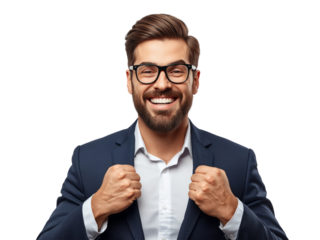 Isolated portrait of a delighted and assertive businessman displaying success and confidence on