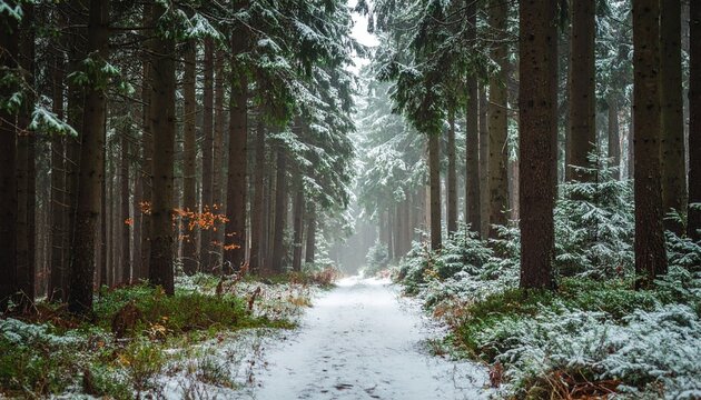 Evergreen forest trail with first snowfall, muted palette