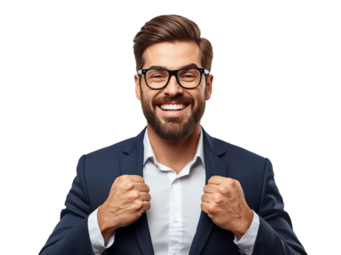Isolated portrait of a delighted and assertive businessman displaying success and confidence on