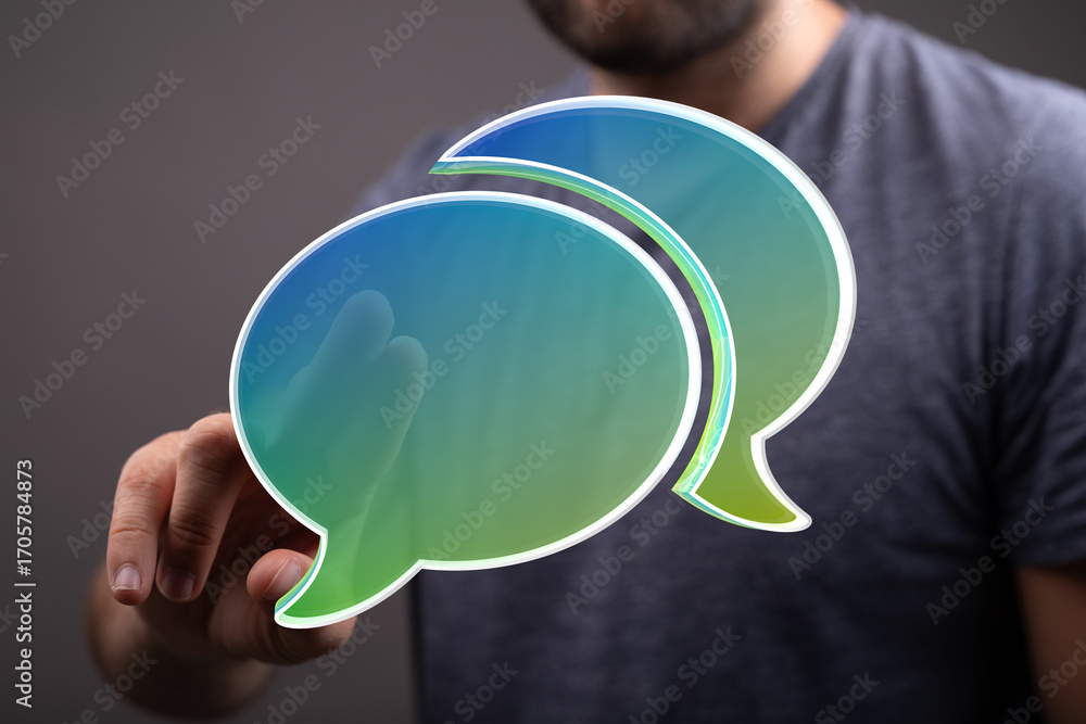 Poster abstract image of a person interacting with digital speech bubbles, representing communication and d